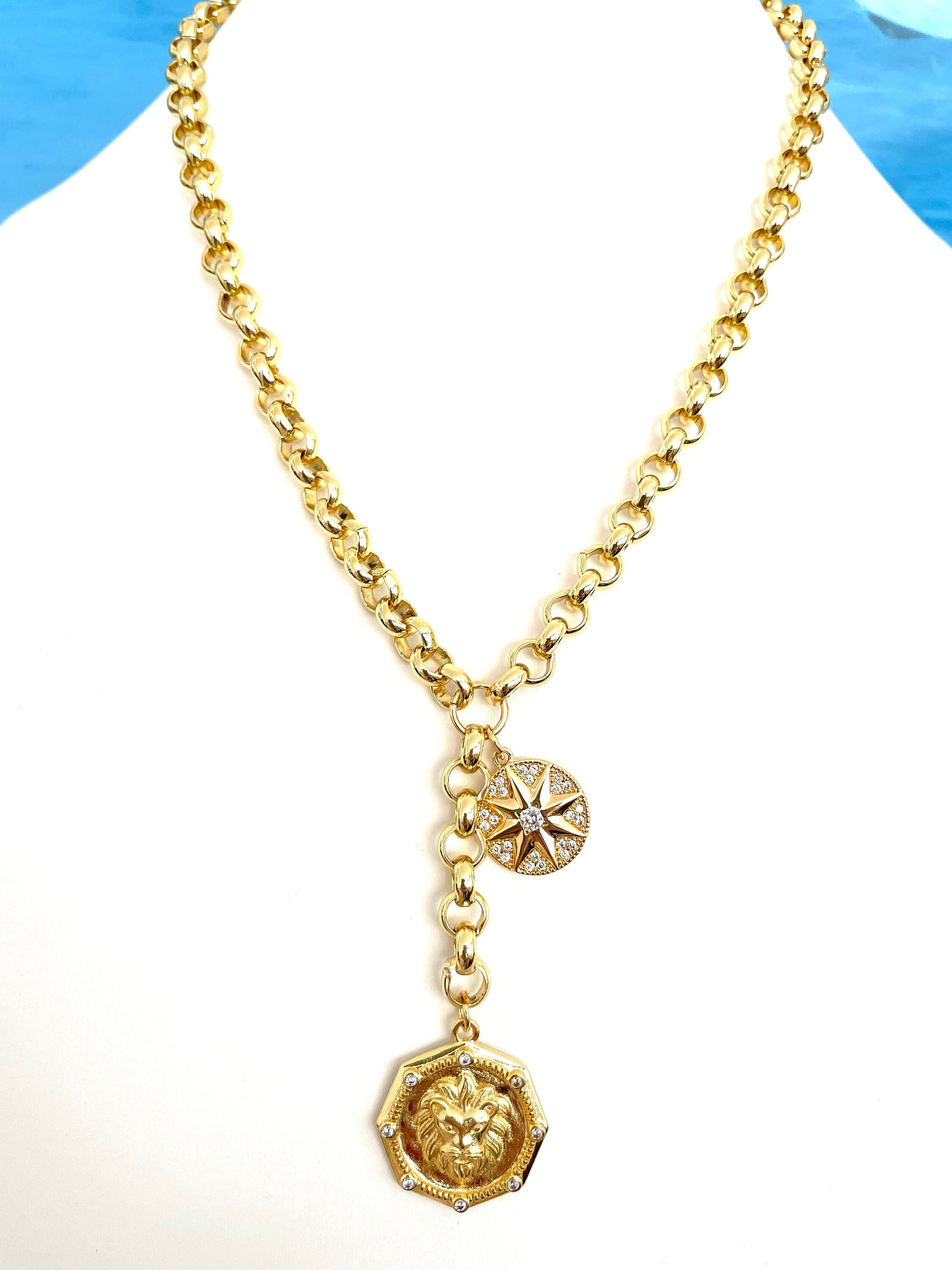 Rolo Chain Necklace With Lion Pendant Pave CZ North Star Charm 