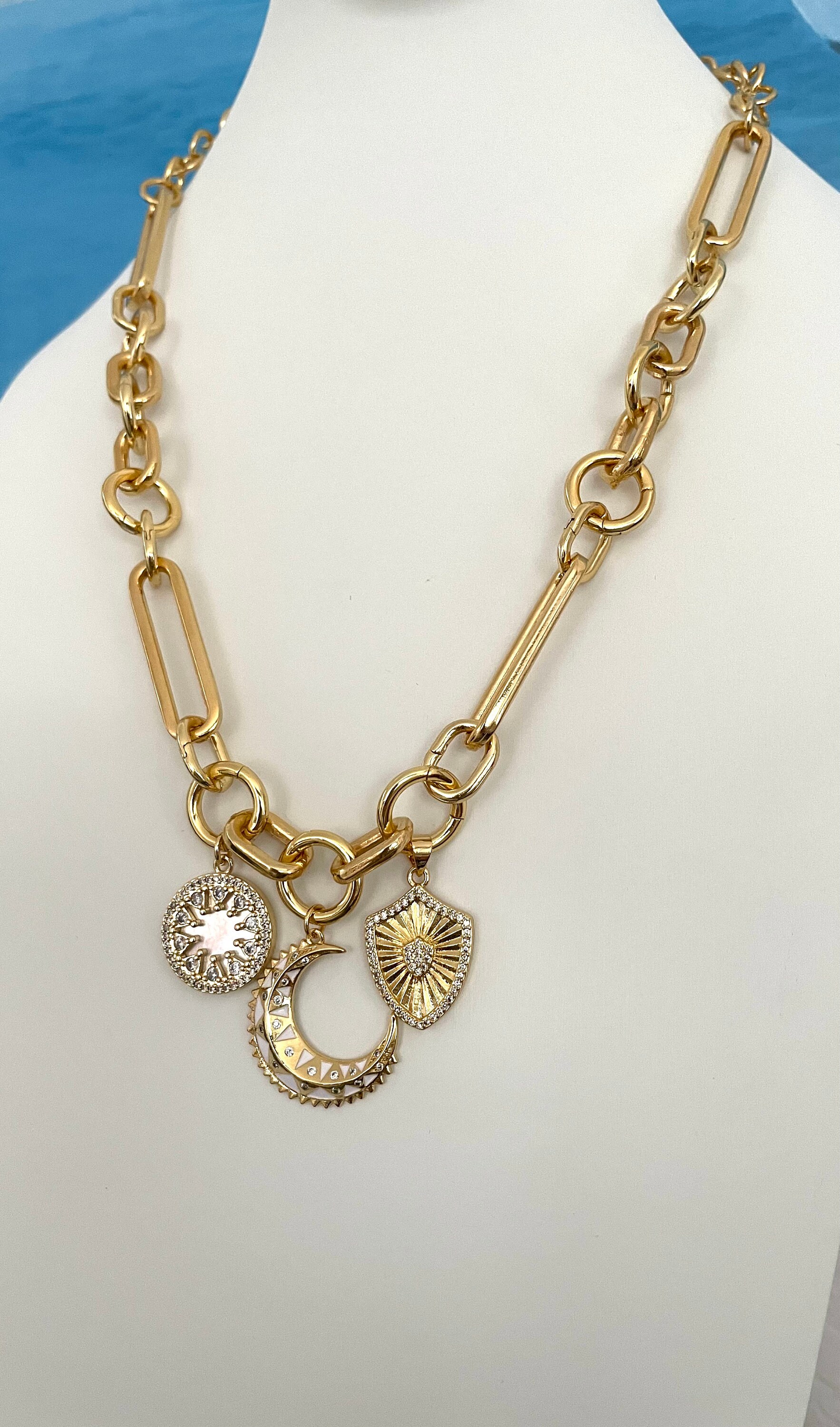 Gold Extended Clip Custom Charm Necklace Enamel Moon Shield - Etsy
