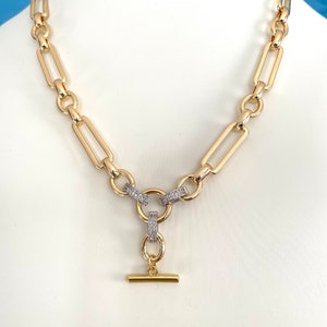 Chunky Gold Equestrian Mixed Link Chain Pave Station Necklace T Bar Link Necklace Carabiner Trombone Chain Layering Gift