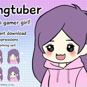 chibi pngtuber premade meisje! x4 chibi girl anime met paars haar avatars voor twitch vtubers en content creators! Onenigheid Youtube Tiktok
