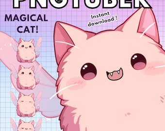 Może przedstawiać: Cyfrowa ilustracja różowego magicznego kota z skrzydłami. Kot ma duże oczy i uroczy wyraz twarzy. Obrazek jest oznaczony jako "Magical Cat!" i "Natychmiastowe pobranie!" z tekstem "PNGTUBER" u góry. Na obrazku pokazano cztery różne wyrazy twarzy kota.