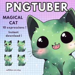 Vtuber Cat Magical Pngtuber Model para Twitch / 10x avatares reactivos de Discord de Tuber Png verde / V-tuber Vtube Chibi Giftuber Alien kitty