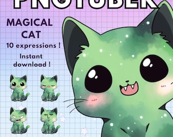 May include: A digital illustration of a green cat with a galaxy pattern. The cat has large eyes and a cute expression. The image includes the text "Magical Cat" and "10 expressions! Instant download!"