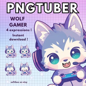 Wolf Pngtuber Model Gamer ! Pre-made Vtuber model / Animal Png Tuber for Twitch & Youtube / Grey Furry V-Tuber reactive image ready to use