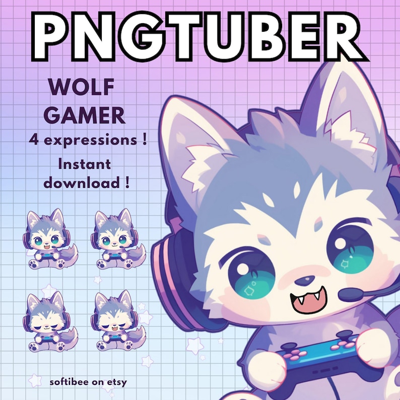 Wolf Pngtuber Model Gamer ! Pre-made Vtuber model / Animal Png Tuber for Twitch & Youtube / Grey Furry V-Tuber reactive image ready to use