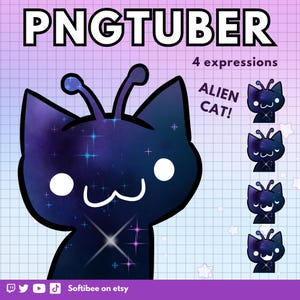 May include: A digital illustration of a PNGTuber alien cat character with a dark purple galaxy pattern, two antennae, and white eyes. The image displays four different facial expressions, the text PNGTUBER, 4 expressions, and ALIEN CAT!