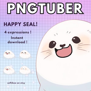 Può includere: Un'illustrazione digitale di una foca felice con quattro espressioni diverse. La foca è bianca con una bocca rosa e occhi neri. Il testo "HAPPY SEAL! 4 expressions! Instant download!" è scritto in nero su uno sfondo a scacchi rosa e bianco.