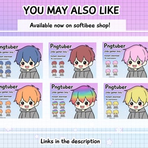 Peut inclure: Six designs diff&eacute;rents de personnages PNGtuber chibi gamer boy avec diff&eacute;rentes couleurs de cheveux et expressions. Chaque design comprend le texte "Pngtuber" et "chibi gamer boy!" avec les mots "T&eacute;l&eacute;chargement instantan&eacute;" et "4x expressions".