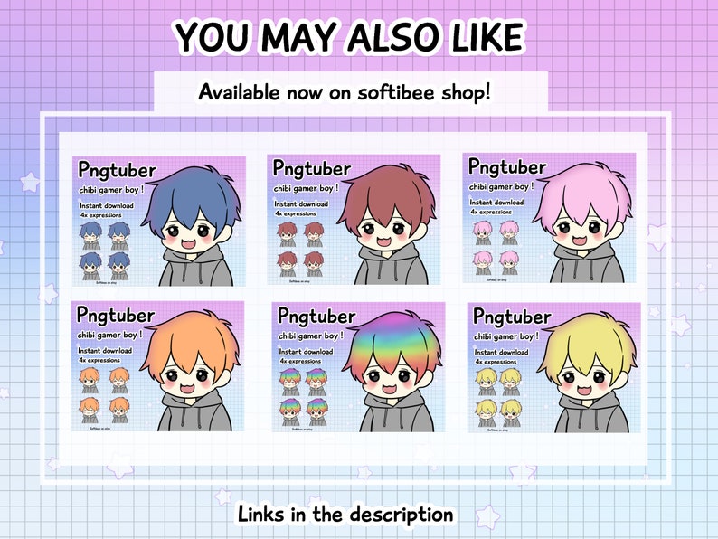 Peut inclure: Six designs diff&eacute;rents de personnages PNGtuber chibi gamer boy avec diff&eacute;rentes couleurs de cheveux et expressions. Chaque design comprend le texte "Pngtuber" et "chibi gamer boy!" avec les mots "T&eacute;l&eacute;chargement instantan&eacute;" et "4x expressions".