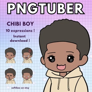May include: A digital illustration of a cartoon boy with brown skin and black hair. He is wearing a beige hoodie and has 10 different facial expressions. The text "CHIBI BOY" and "10 expressions! Instant download!" is displayed above the image. The text "softibee on etsy" is displayed below the image.