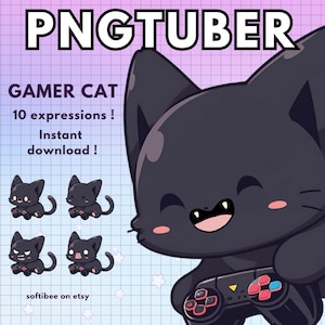 Pngtuber Cat Gamer Vtuber-model voor Twitch | 10 x Black Reactive Discord-avatars voor png-png Tuber |  V-tuber Vtube Chibi Giftuber - DIRECT DOWNLOADEN