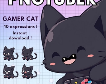 Pngtuber Cat Gamer Vtuber Model for Twitch | 10x Black Png Tuber Reactive Discord avatars |  V-tuber Vtube Chibi Giftuber - INSTANT DOWNLOAD
