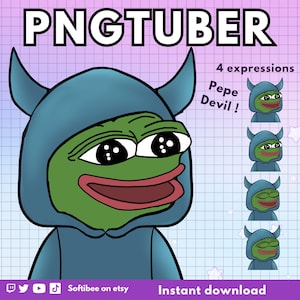 May include: A digital illustration of Pepe the Frog wearing a blue hooded costume with horns. The image includes the text "PNGTUBER" and "4 expressions Pepe Devil!"
