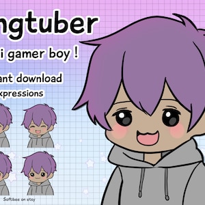 vtuber model male chibi boy | pngtuber premade for twitch streamers | png tuber boy anime with black skin color & purple hair for gamers