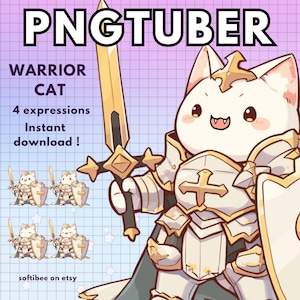 Könnte beinhalten: Eine weiße Kriegerkatze mit einem Schwert und einem Schild. Die Katze trägt eine goldene Rüstung und hat ein Kreuz auf der Brust. Das Bild ist eine digitale Illustration und enthält den Text "PNGTUBER WARRIOR CAT 4 expressions Sofort-Download! softibee on etsy".