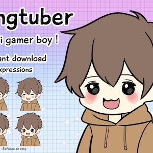 Vorgefertigte PNG-Tuber Model Anime Junge mit braunem Kapuzenpullover | 4 Ausdrücke | V-tuber männliches Model, Vtuber, Livestreaming Stream, Twitch, Youtube, OBS