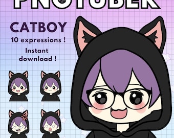 modello catboy vtuber maschio con i capelli viola! 10 avatar maschili ragazzo pngtuber / animale png tubero discordia reattiva e Twitch vtube gatto v-tuber