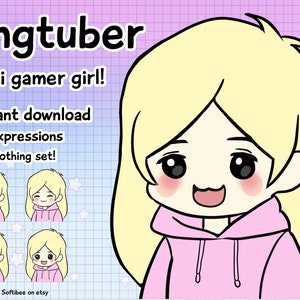 twitch png tuber chibi gamer girl! 4 kawaii pngtuber avatars with blond hair! streaming twitch vtubers! Discord Youtube Tiktok- ready to use