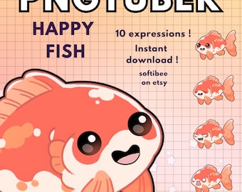 May include: A digital illustration of a happy goldfish with 10 different expressions. The goldfish is orange with white spots and has large, black eyes. The text "HAPPY FISH" is written above the goldfish, and the text "10 expressions! Instant download! softibee on etsy" is written to the right of the goldfish.