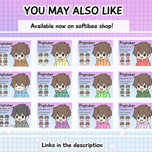Op de afbeelding: Een set van 12 digitale illustraties van een cartoonjongen met verschillende gekleurde hoodies. De illustraties zijn gelabeld "Pngtuber chibi gamer boy! Direct downloaden 8 expressies".
