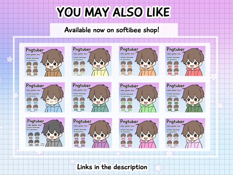 Op de afbeelding: Een set van 12 digitale illustraties van een cartoonjongen met verschillende gekleurde hoodies. De illustraties zijn gelabeld "Pngtuber chibi gamer boy! Direct downloaden 8 expressies".
