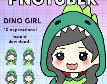 Pngtuber Dinosaur Girl 10x Black hair Chibi Vtuber Girl Model Avatars For Twitch Overlay | Kawaii Png tuber Animal Giftuber | ready to use