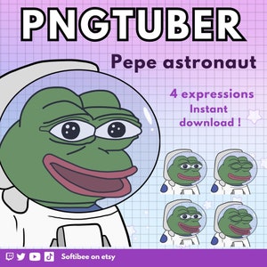 以下が含まれることがあります： ペペザフロッグが宇宙飛行士に扮したデジタルイラストで、4つの異なる表情をしています。画像はピンクとブルーのグリッド背景に星が散りばめられています。画像には「PNGTUBER Pepe astronaut 4 expressions Instant download!」というテキストが表示されています。