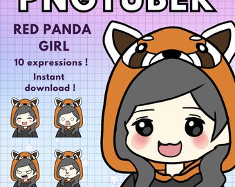 Vtuber Roter Panda Mädchen Pngtuber Model für Twitch | Schwarze Haare 10x Png Tuber Reactive Discord avatare | V-Tuber Chibi Giftuber - sofort einsatzbereit