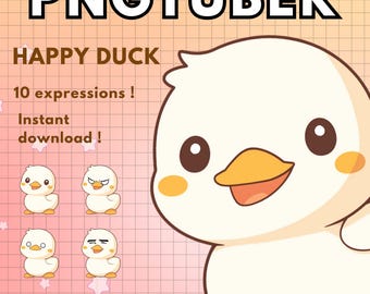 May include: A digital graphic featuring a cartoon duck with various expressions. The text "PNGTUBER" is at the top, with "HAPPY DUCK" and "10 expressions! Instant download!" below. The Etsy shop name "softibee on etsy" is at the bottom.
