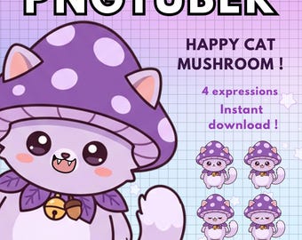 Vtuber Pngtuber Mushroom Cat Avatar | 4x Funny Premade PNG Tubers | Purple Giftuber Edition for Twitch & VTubers