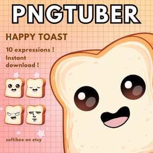 May include: A cartoon illustration of a slice of bread with a happy face. The bread is white with a light brown crust. The text "HAPPY TOAST" is above the bread. The text "10 expressions! Instant download!" is below the bread. The text "softibee on etsy" is at the bottom of the image.