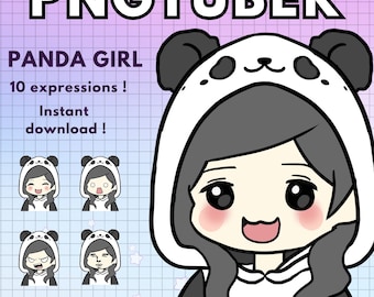 Vtuber Panda Girl Pngtuber Model for Twitch | 10x Bear Png Tuber Reactive Discord avatars |  Vtube V-tuber Chibi Giftuber - ready to use