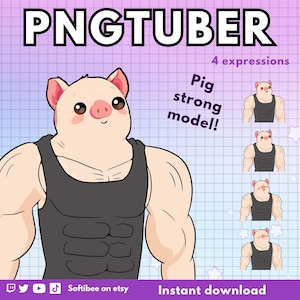 May include: Digital art featuring a muscular pig character wearing a black tank top. The image includes the text "PNGTUBER" and "Pig strong model!" with four different expressions. The background is a light purple grid.