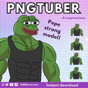 May include: Digital art featuring a green cartoon frog with a muscular physique wearing a black tank top. The text "PNGTUBER" is at the top, with "Pepe strong model!" and "4 expressions" nearby. The bottom reads "Instant download".