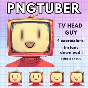 Puede incluir: Una ilustración digital de un personaje de dibujos animados con cabeza de televisor con cuatro expresiones diferentes. El personaje tiene un cuerpo rojo y una pantalla de televisión amarilla para la cabeza. El texto "TV HEAD GUY" y "4 expresiones" está escrito en blanco sobre un fondo rosa. El texto "Descarga instantánea!" está escrito en blanco sobre un fondo azul. El texto "softibee on etsy" está escrito en blanco sobre un fondo rosa.