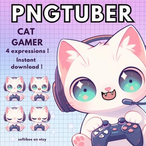 Modelo Vtuber de gato de Pngtuber para Twitch / 4 avatares reactivos de Discord de Gamer White Png Tuber / V-tuber Vtube Chibi Giftuber - LISTO PARA USAR