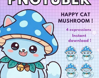 Vtuber Mushroom Cat Pngtuber model Avatar Pack | 4x Funny Premade PNG Tuber | Blue Giftuber Edition for Twitch Streamers
