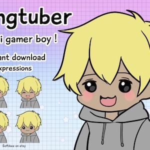 vtuber male model chibi boy | pngtuber premade for twitch streamers | png tuber boy anime with black skin color & blond hair for gamers