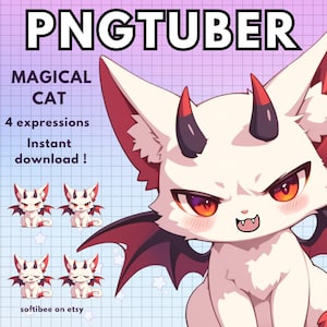 May include: A digital illustration of a white cat with red horns and wings. The cat has a cute, cartoonish expression. The text "MAGICAL CAT" and "4 expressions" is visible in the image. The text "Instant download!" is also visible in the image.