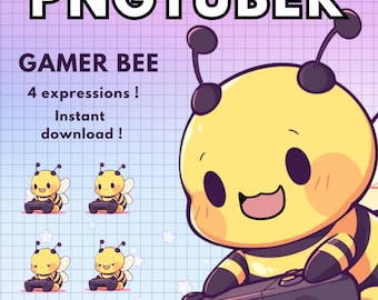 May include: A cartoon bee wearing a yellow and black striped shirt is holding a black video game controller. The bee has a happy expression on its face. The text "Gamer Bee" and "4 expressions!" is above the bee. The text "Instant download!" is below the bee. The text "softibee on etsy" is at the bottom of the image.