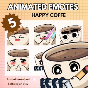 以下が含まれることがあります： さまざまな表情をしたアニメーションのコーヒーカップの絵文字。絵文字は漫画風で、ピンクとブルーのライトセーバーを持った笑顔のコーヒーカップ、驚いた表情のコーヒーカップ、赤面した表情のコーヒーカップ、ノートに鉛筆で書き込んでいるコーヒーカップなどがあります。