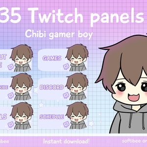 Twitch Panels Chibi Anime Boy 35x Kawaii Gamer Panels mit braunen Haaren für Profil | Discord Youtube Tiktok | Sofort einsatzbereit & Digitaler Download