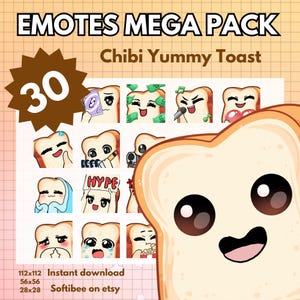 MÉGA PACK Twitch d'émoticônes Toast ! x30 Emote Chibi Boy Anime Toast modèle masculin pour twitch & Pngtuber Préfabriqué ! Discord Youtube Tiktok