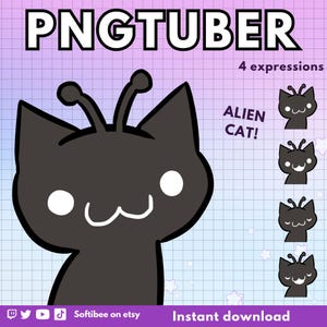 Könnte beinhalten: Digitale Illustration einer schwarzen Katze mit Alien-Antennen und vier verschiedenen Gesichtsausdrücken. Der Text "PNGTUBER" steht oben, mit "ALIEN CAT!" und "4 expressions". Das Bild hat einen lila-blauen Gitterhintergrund.