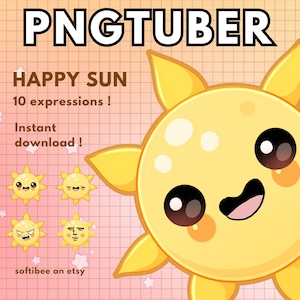 May include: A yellow cartoon sun with a happy expression and large eyes. The sun has 10 different expressions, including angry, surprised, and sad. The text "HAPPY SUN" and "10 expressions!" is written above the sun. The text "Instant download!" is written below the sun. The text "softibee on etsy" is written at the bottom of the image.