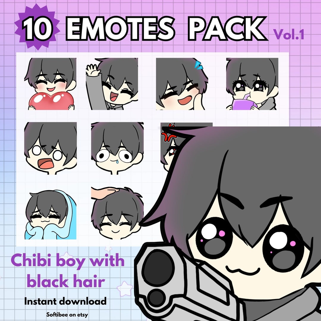 Boy Emotes Twitch Bundle Vo.1 ! X10 Emote Chibi Boy Anime With Black ...