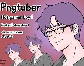 male giftuber anime boy ! x4 desings with purple hair and accessories avatars for twitch vtuber and content creators! Discord Youtube Tiktok