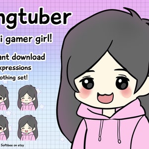 Pngtuber girl ! x4 Chibi Anime kawaii Vtuber model & black hair Png tuber for Twitch Overlays and PNGtuber streaming ! discord tiktok