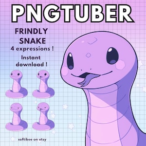 May include: Four digital illustrations of a friendly purple snake with different expressions. The snake is curled up with its tongue sticking out. The text "FRIENDLY SNAKE" and "4 expressions!" is at the top of the image. The text "Instant download!" is below the snake illustrations. The text "softibee on etsy" is at the bottom of the image.