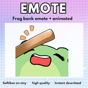 May include: Animated green frog emote with a surprised expression, being hit by a brown wooden bat. The emote is designed for online chat and communication.